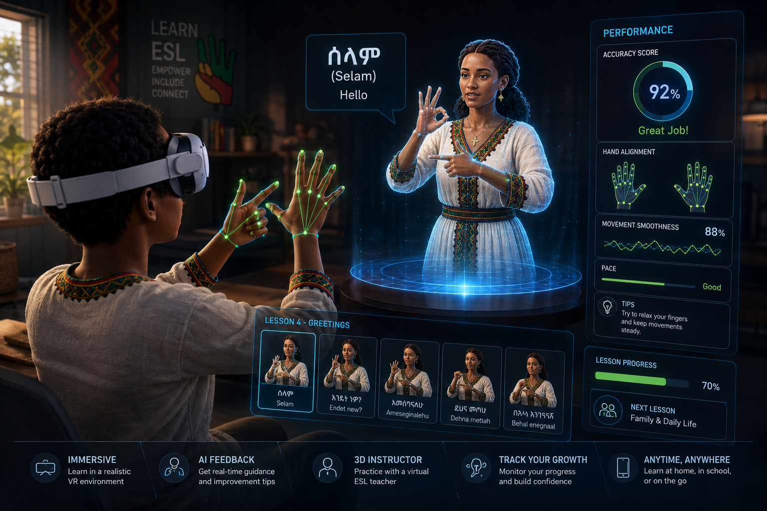 Learner practicing ESL in VR with a 3D instructor and live accuracy feedback